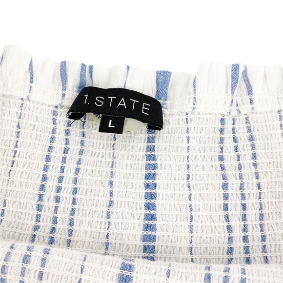 1. State Smocked Off Shoulder Blue White Striped Top Large - Picture 8 of 8